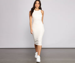 Brushed Knit Sleeveless Crew Neck Midi Dress Oshnow