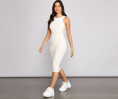 Brushed Knit Sleeveless Crew Neck Midi Dress Oshnow