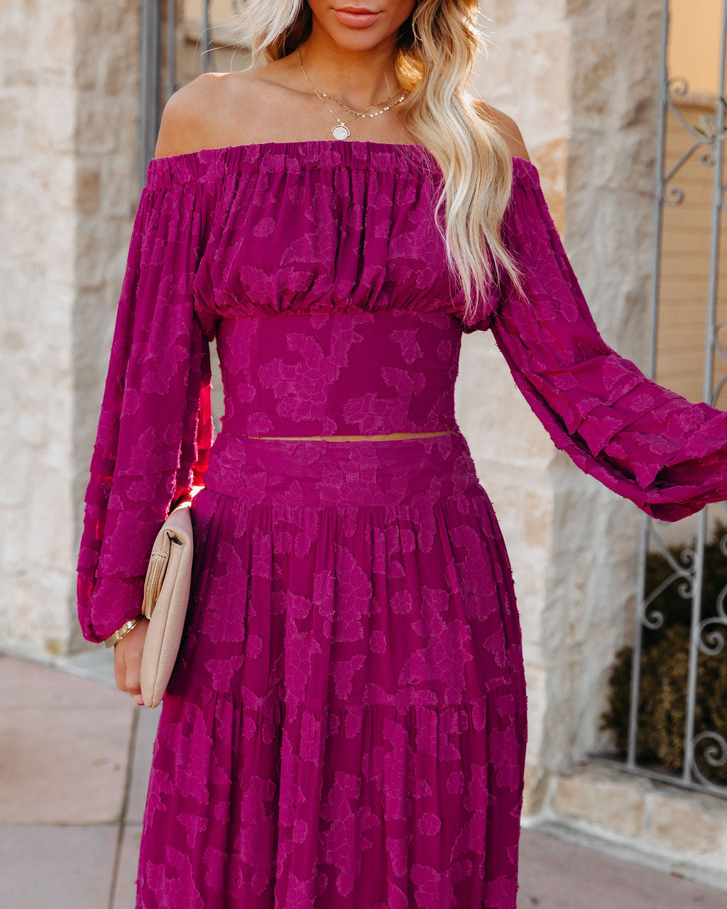 Cambry Textured Off The Shoulder Blouse - Magenta Oshnow