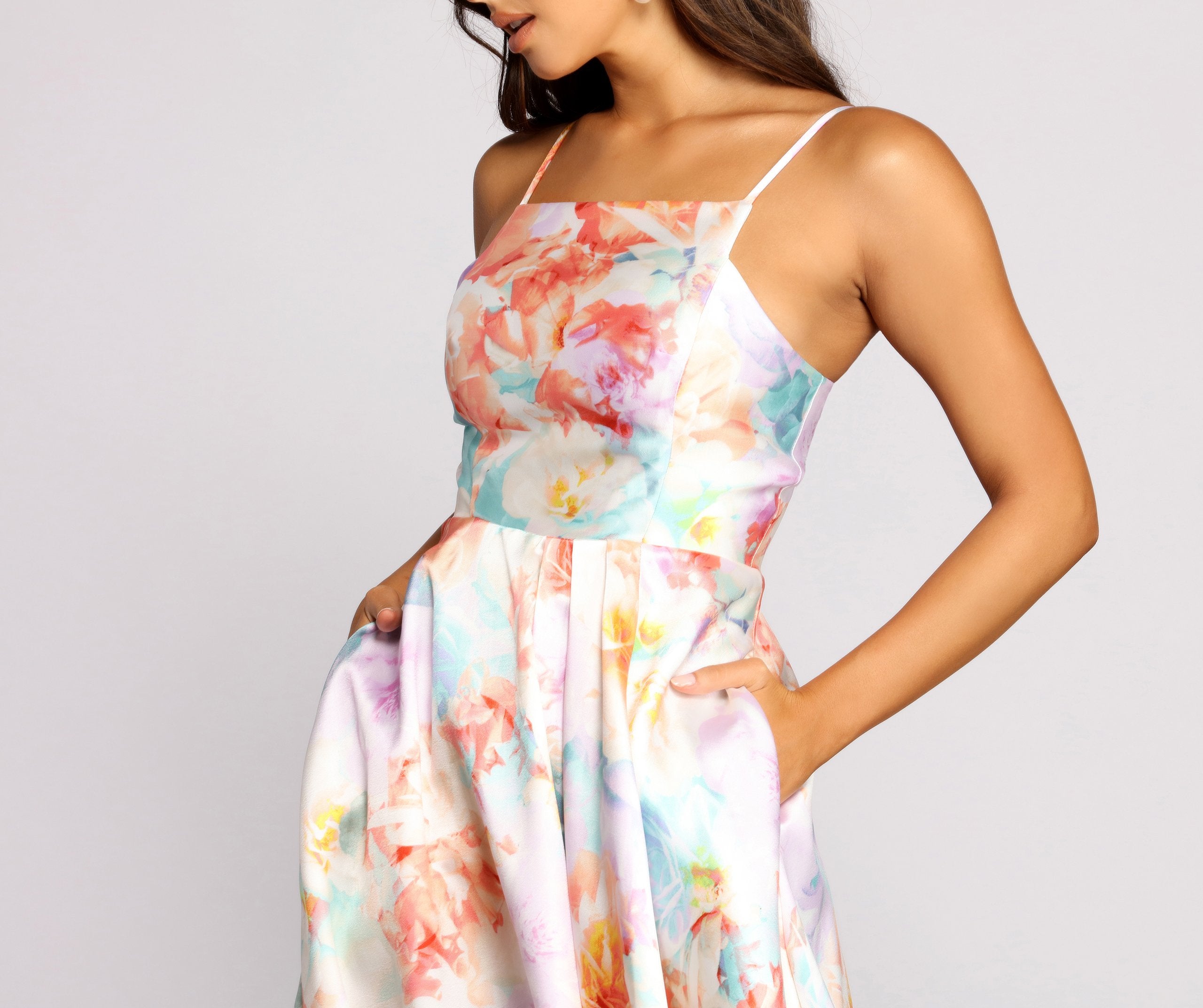 Cami Formal Floral Satin A-Line Dress Oshnow