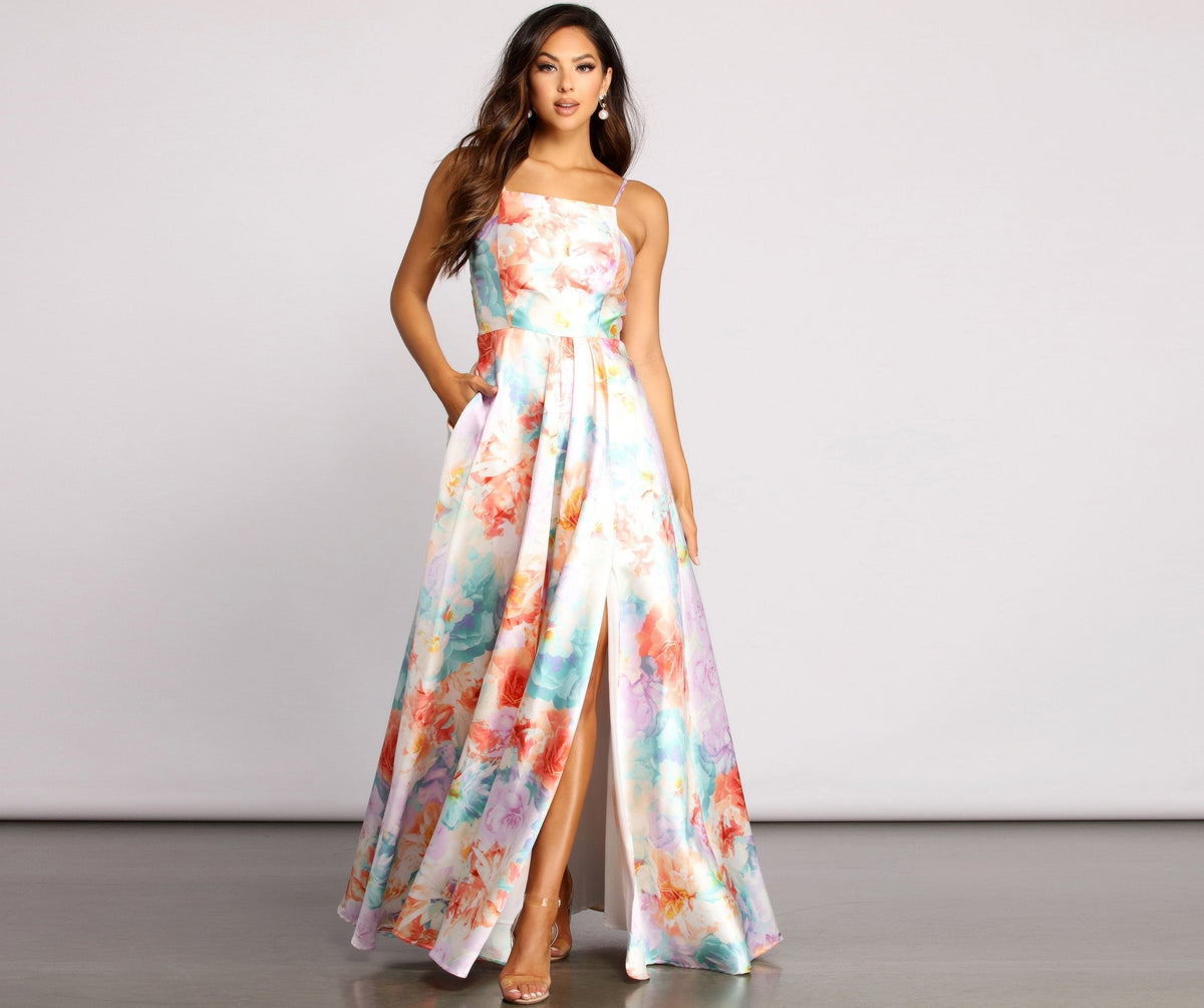 Cami Formal Floral Satin A-Line Dress Oshnow