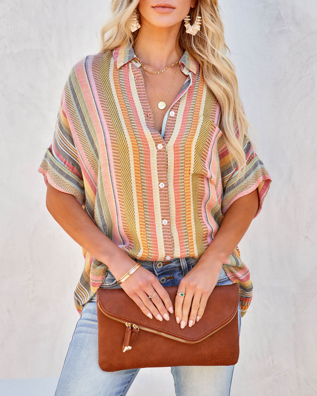 Camille Striped Woven Button Down Top - Yellow Multi Oshnow