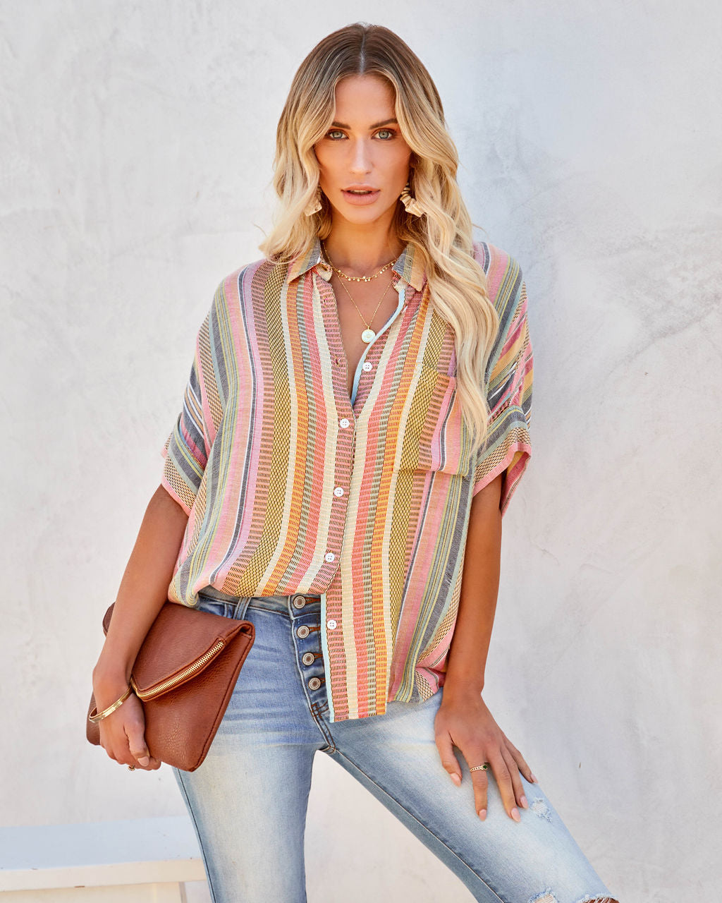 Camille Striped Woven Button Down Top - Yellow Multi Oshnow