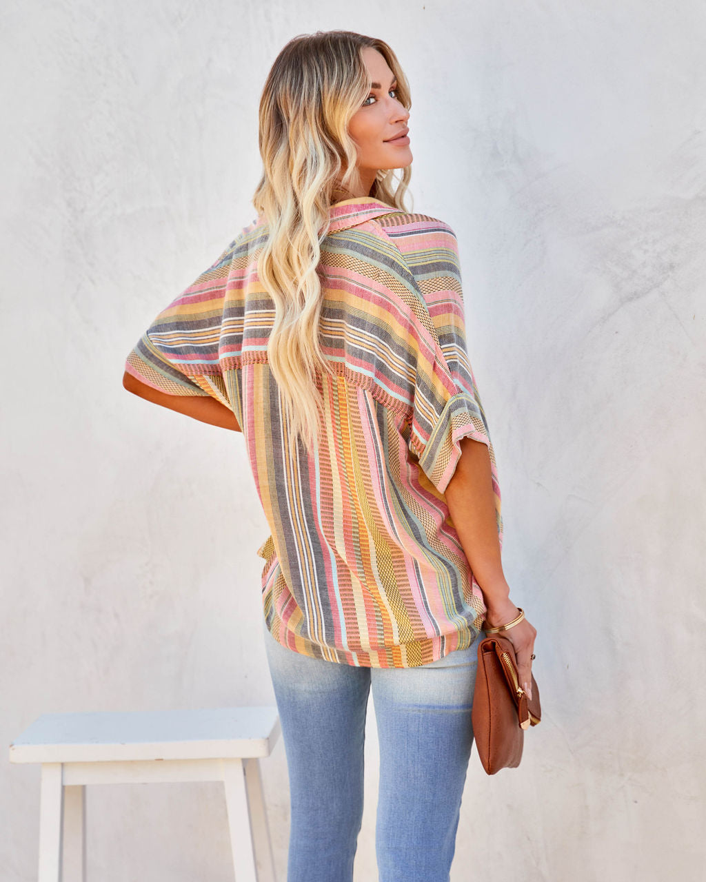 Camille Striped Woven Button Down Top - Yellow Multi Oshnow