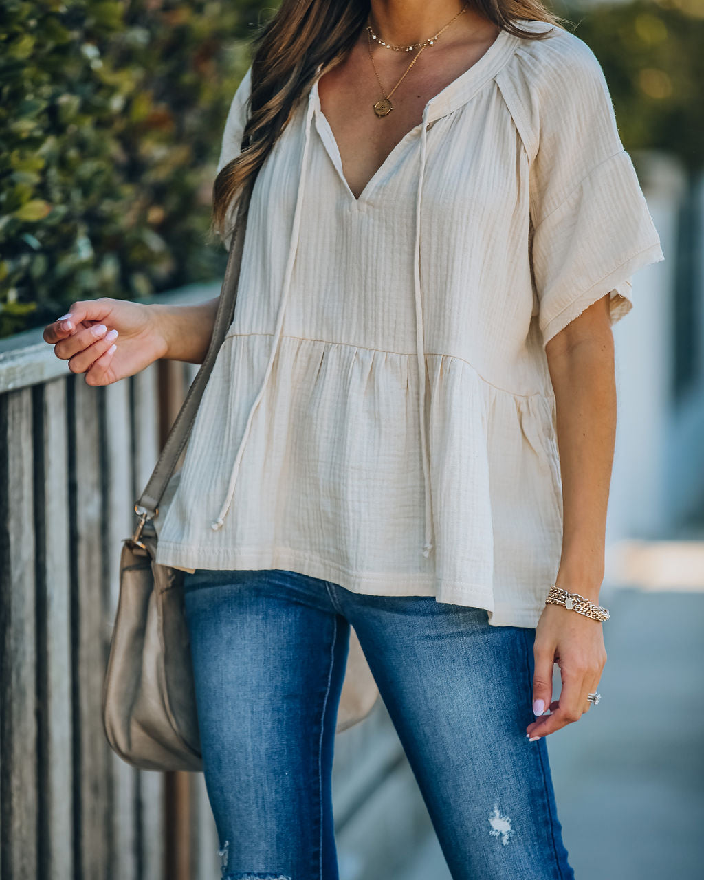 Candid Cotton Peplum Top - Natural Oshnow