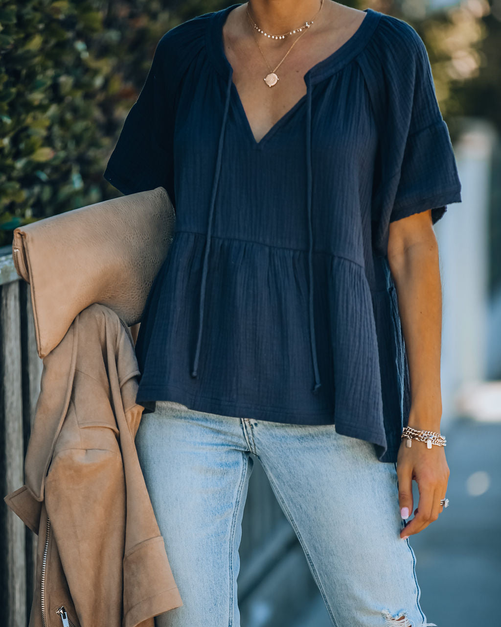 Candid Cotton Peplum Top - Navy Oshnow