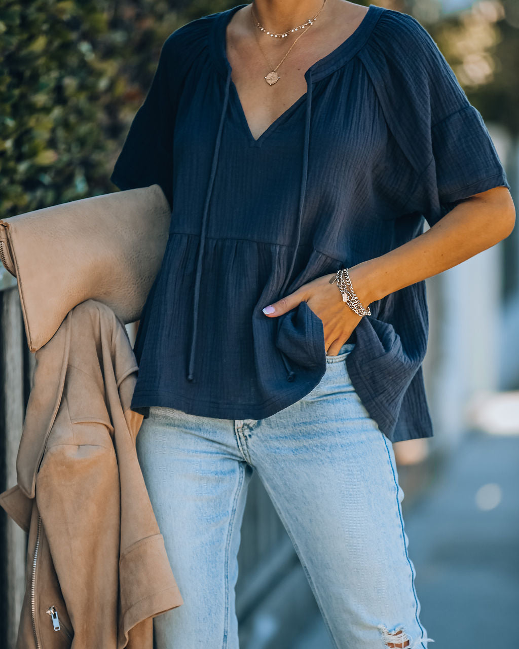 Candid Cotton Peplum Top - Navy Oshnow