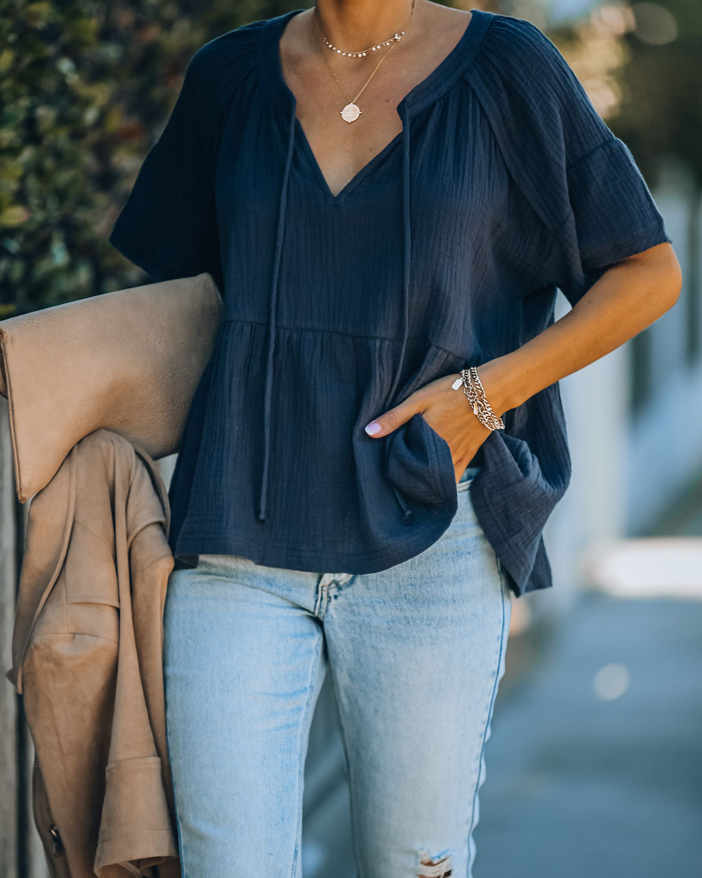 Candid Cotton Peplum Top - Navy Oshnow