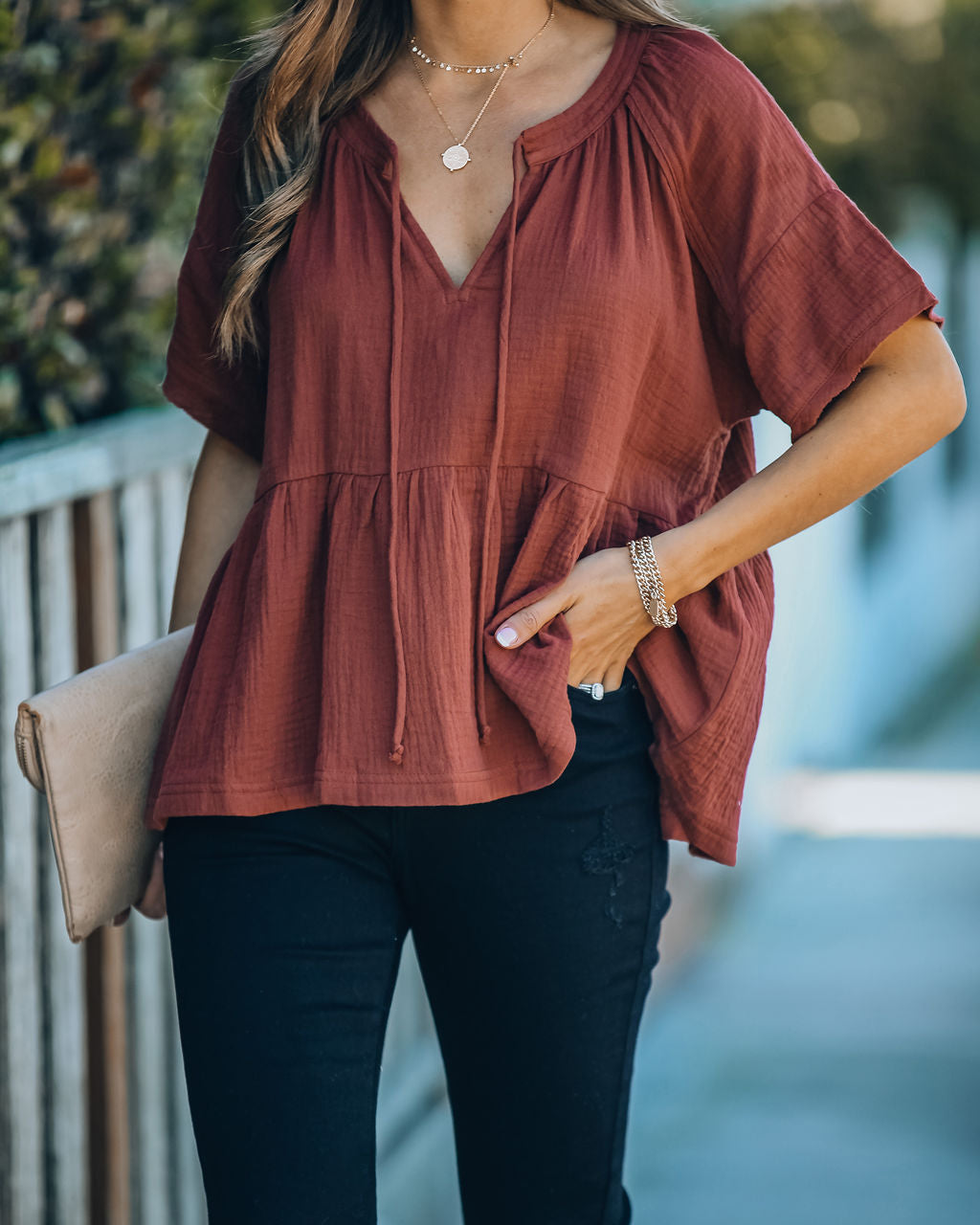 Candid Cotton Peplum Top - Rust Oshnow