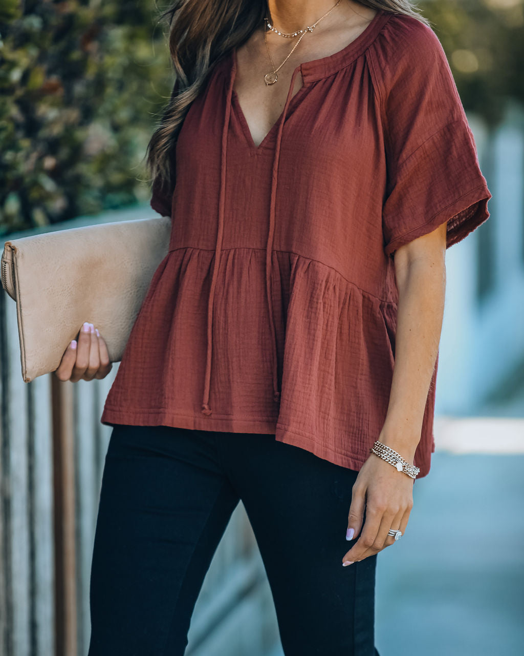 Candid Cotton Peplum Top - Rust Oshnow