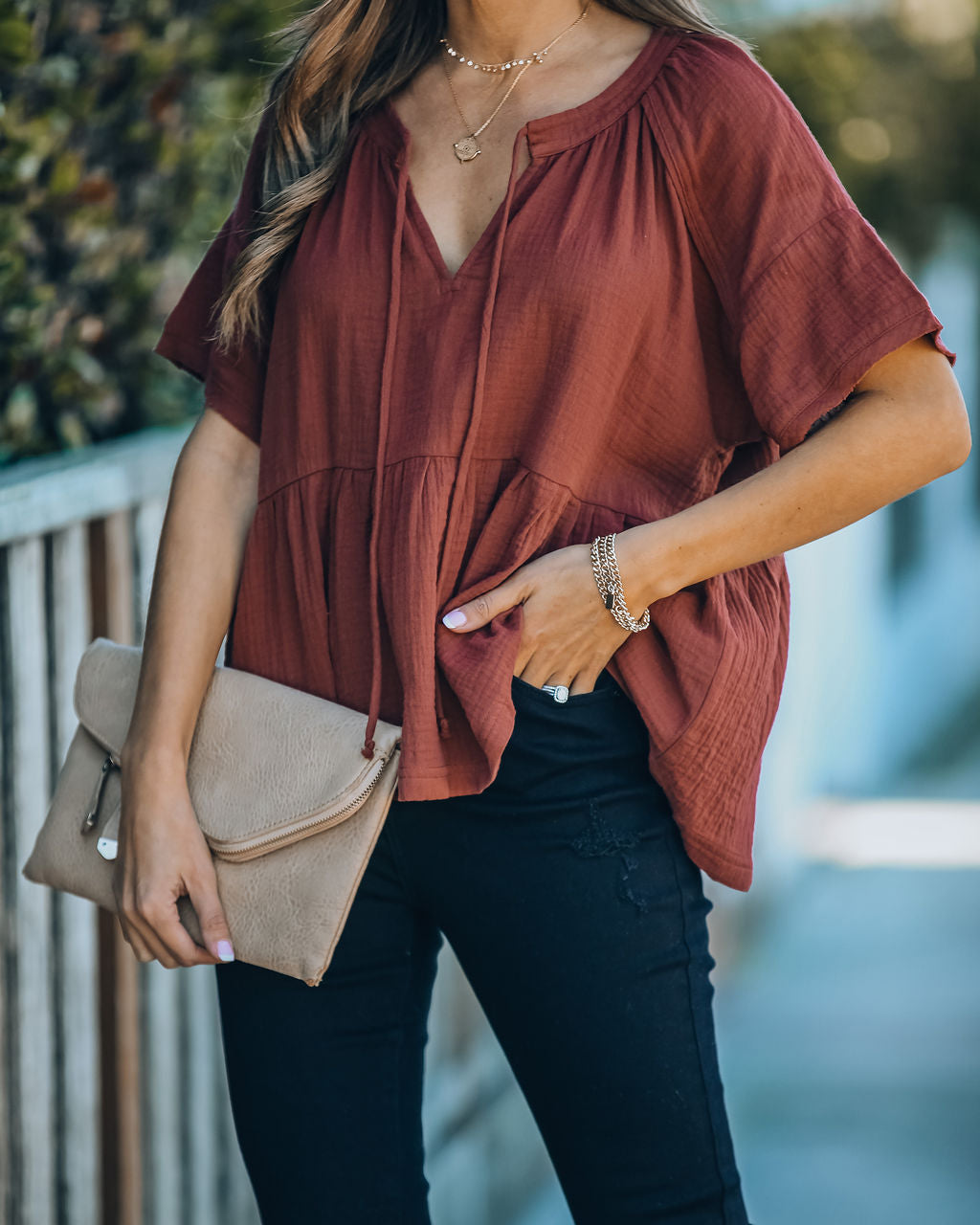 Candid Cotton Peplum Top - Rust Oshnow