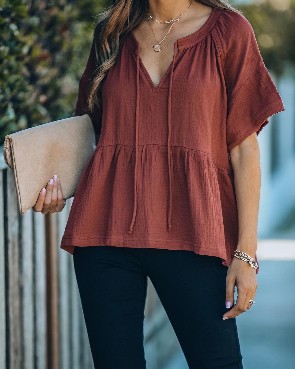 Candid Cotton Peplum Top - Rust Oshnow