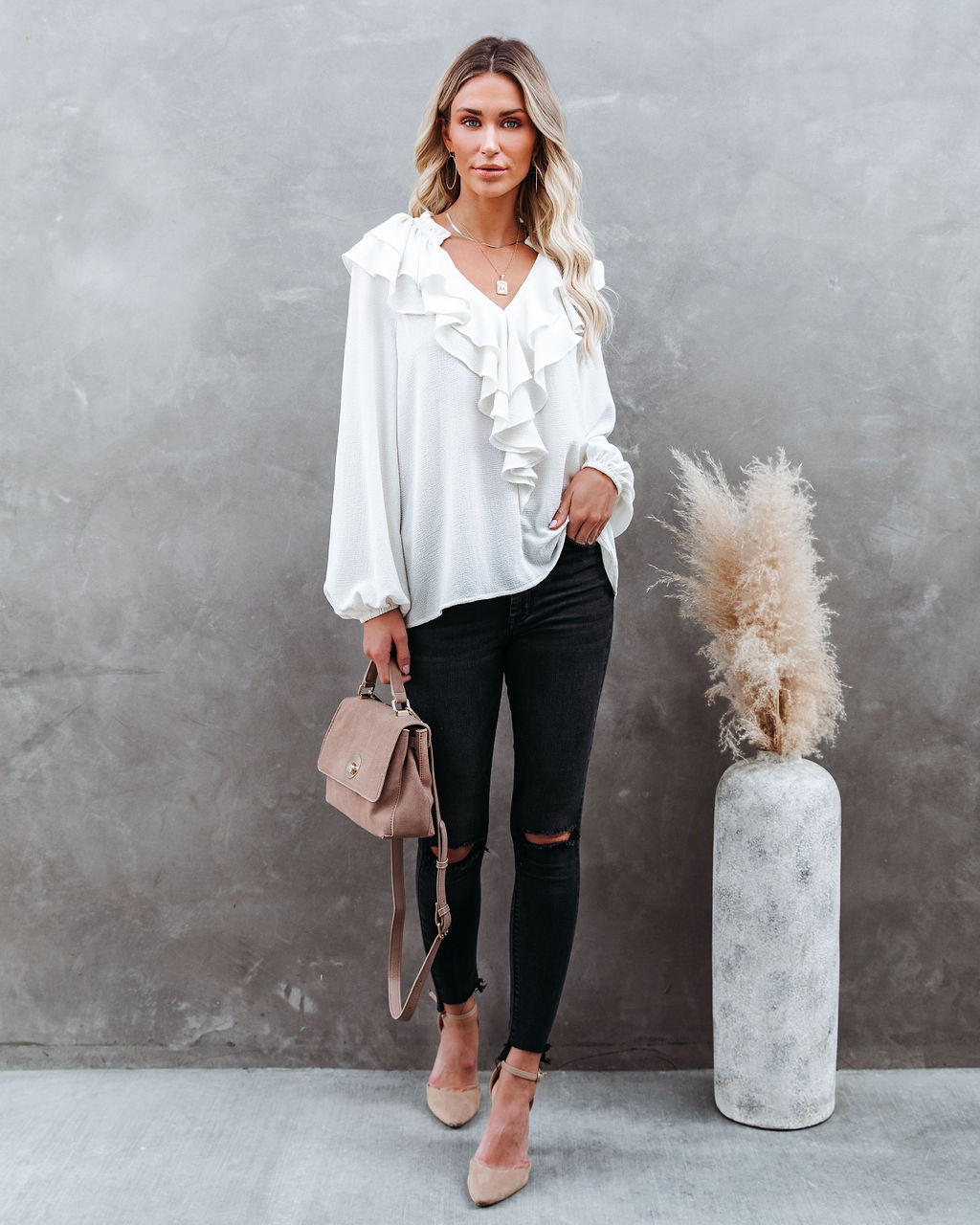 Candle In The Wind Textured Ruffle Blouse Oshnow