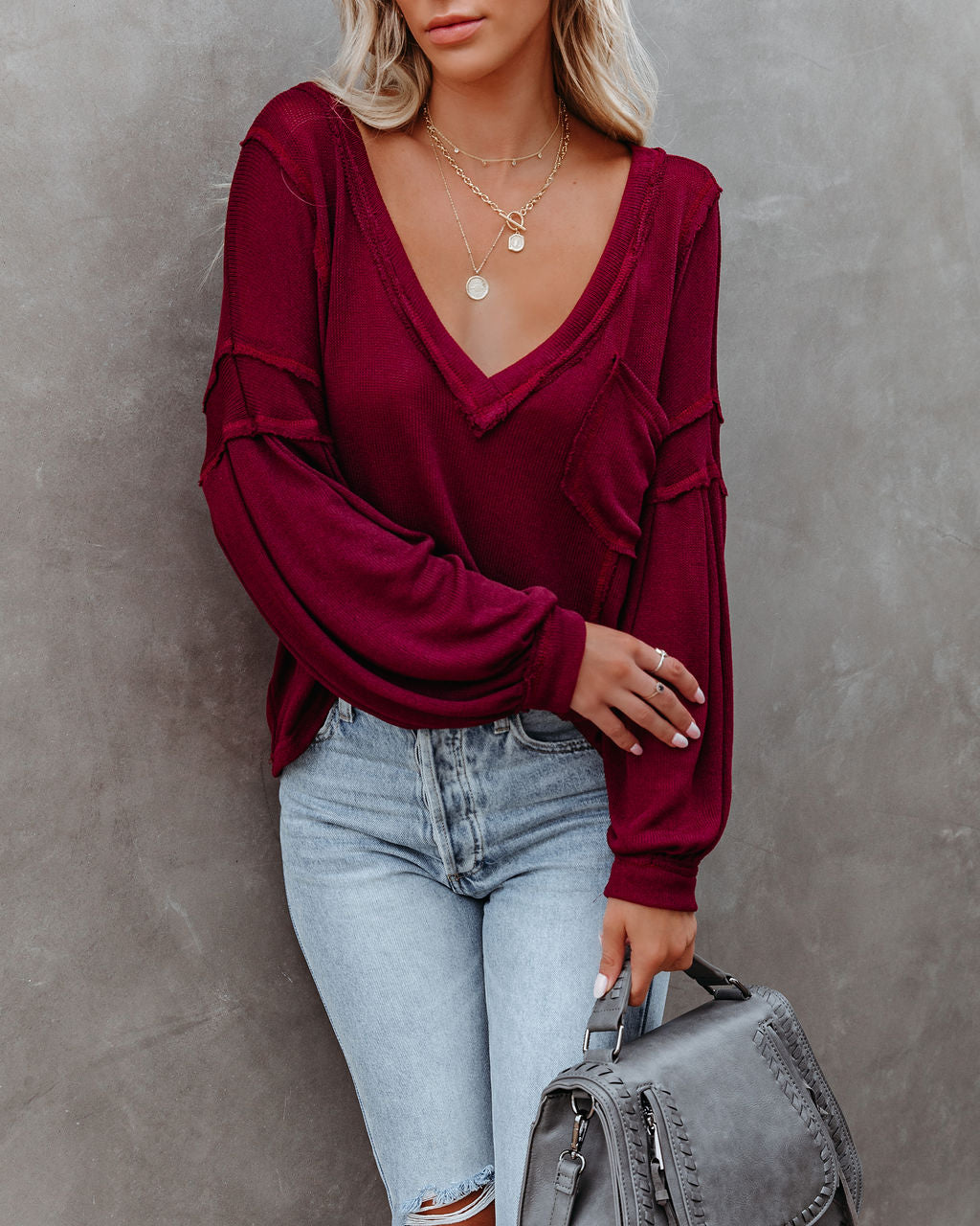 Capitol Reef V-Neck Knit Pocket Top - Maroon Oshnow