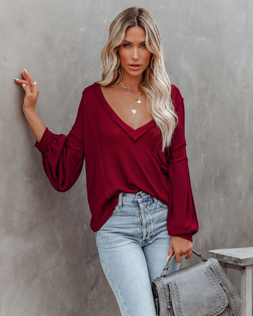 Capitol Reef V-Neck Knit Pocket Top - Maroon Oshnow