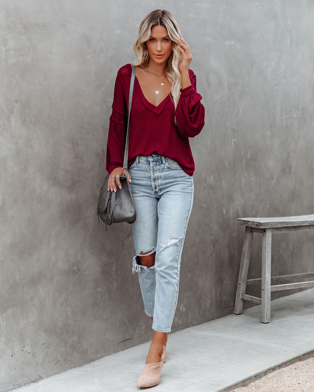 Capitol Reef V-Neck Knit Pocket Top - Maroon Oshnow