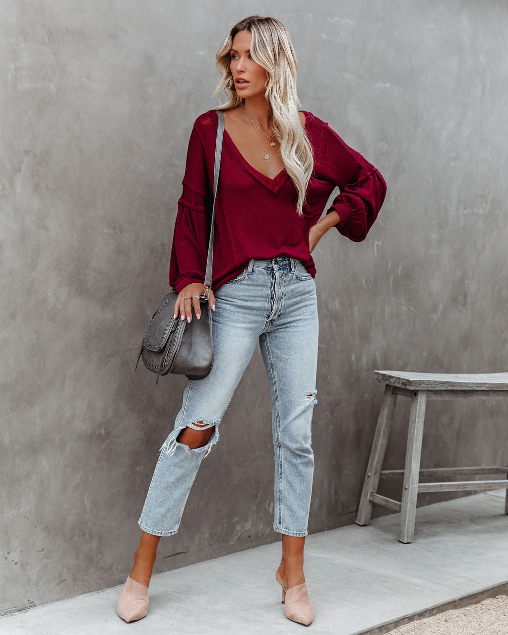 Capitol Reef V-Neck Knit Pocket Top - Maroon Oshnow