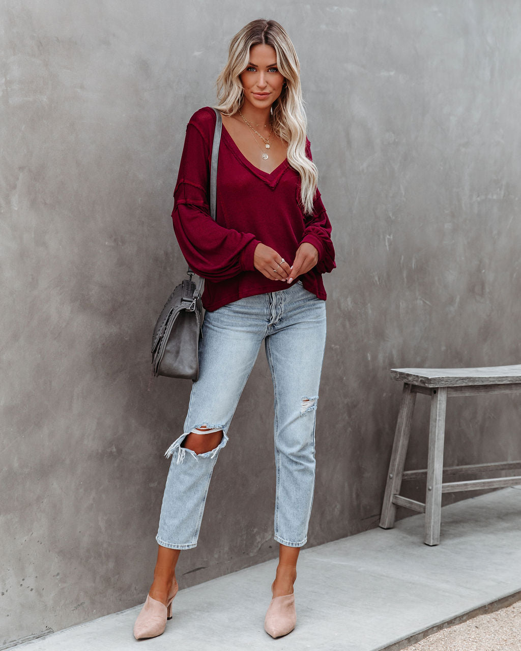 Capitol Reef V-Neck Knit Pocket Top - Maroon Oshnow