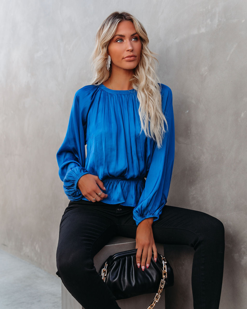 Cappa Satin Peplum Blouse - Cobalt Blue Oshnow