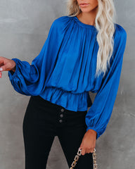 Cappa Satin Peplum Blouse - Cobalt Blue Oshnow