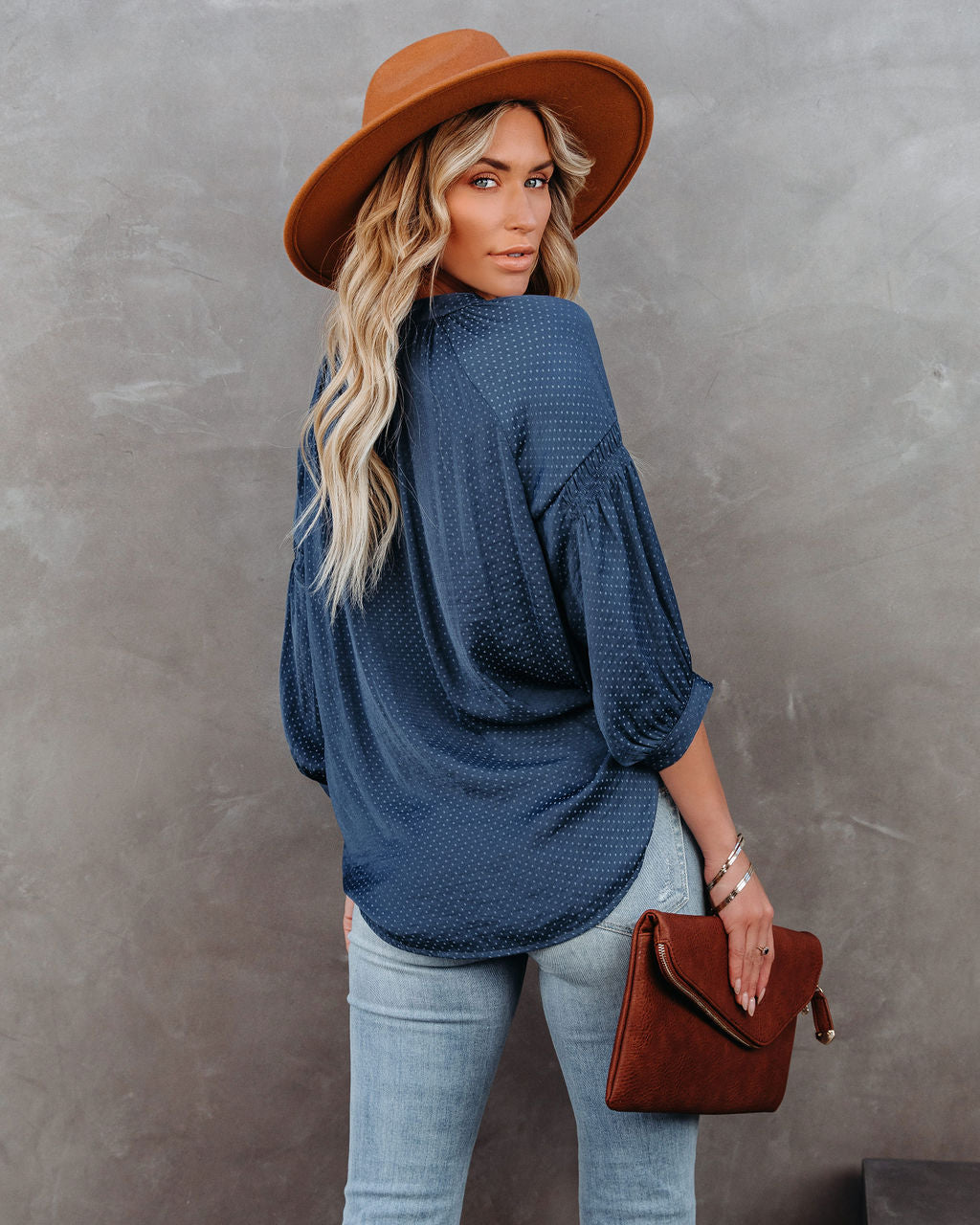 Carla Embossed Button Down Blouse - Blue Oshnow