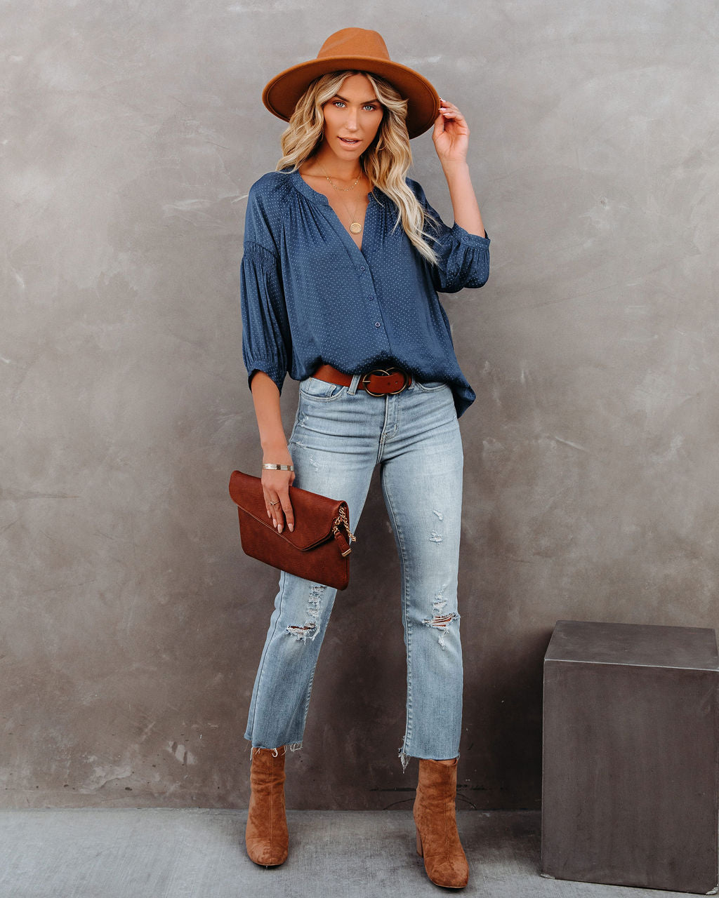 Carla Embossed Button Down Blouse - Blue Oshnow