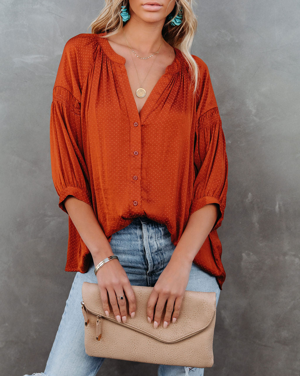 Carla Embossed Button Down Blouse - Rust Oshnow