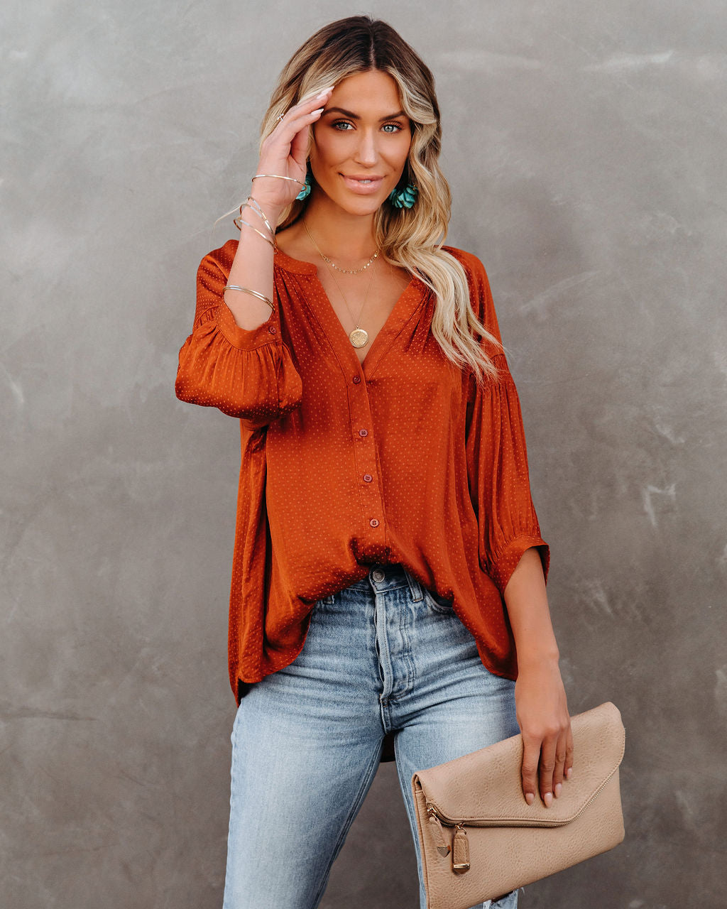 Carla Embossed Button Down Blouse - Rust Oshnow