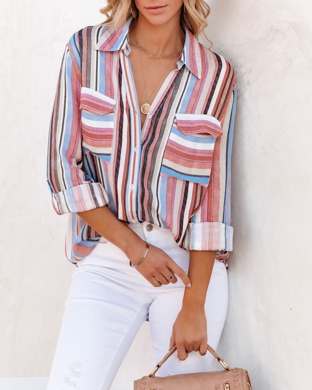 Carrigan Striped Button Down Top Oshnow