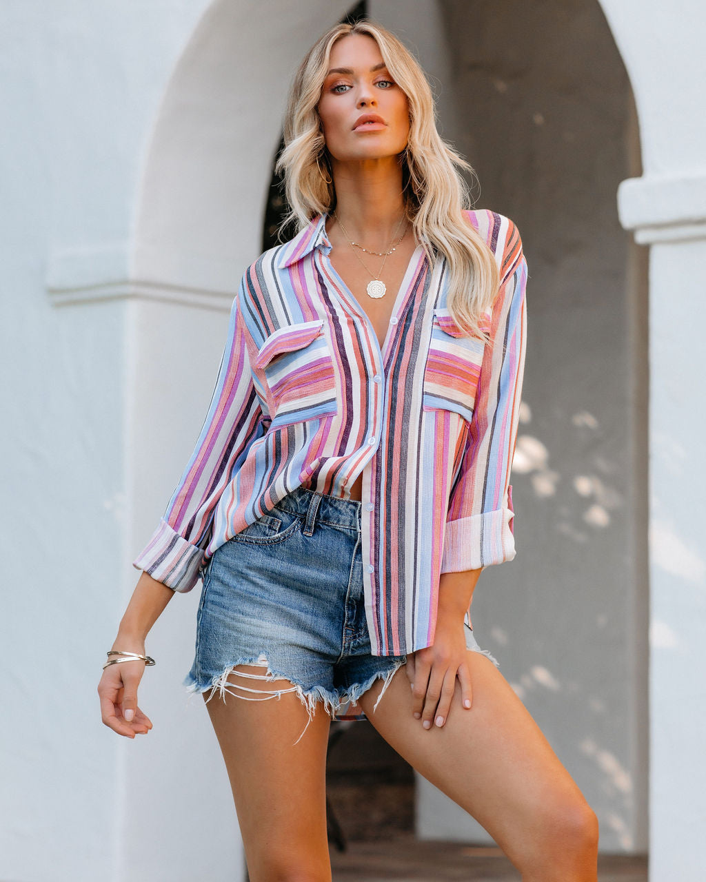 Carrigan Striped Button Down Top Oshnow