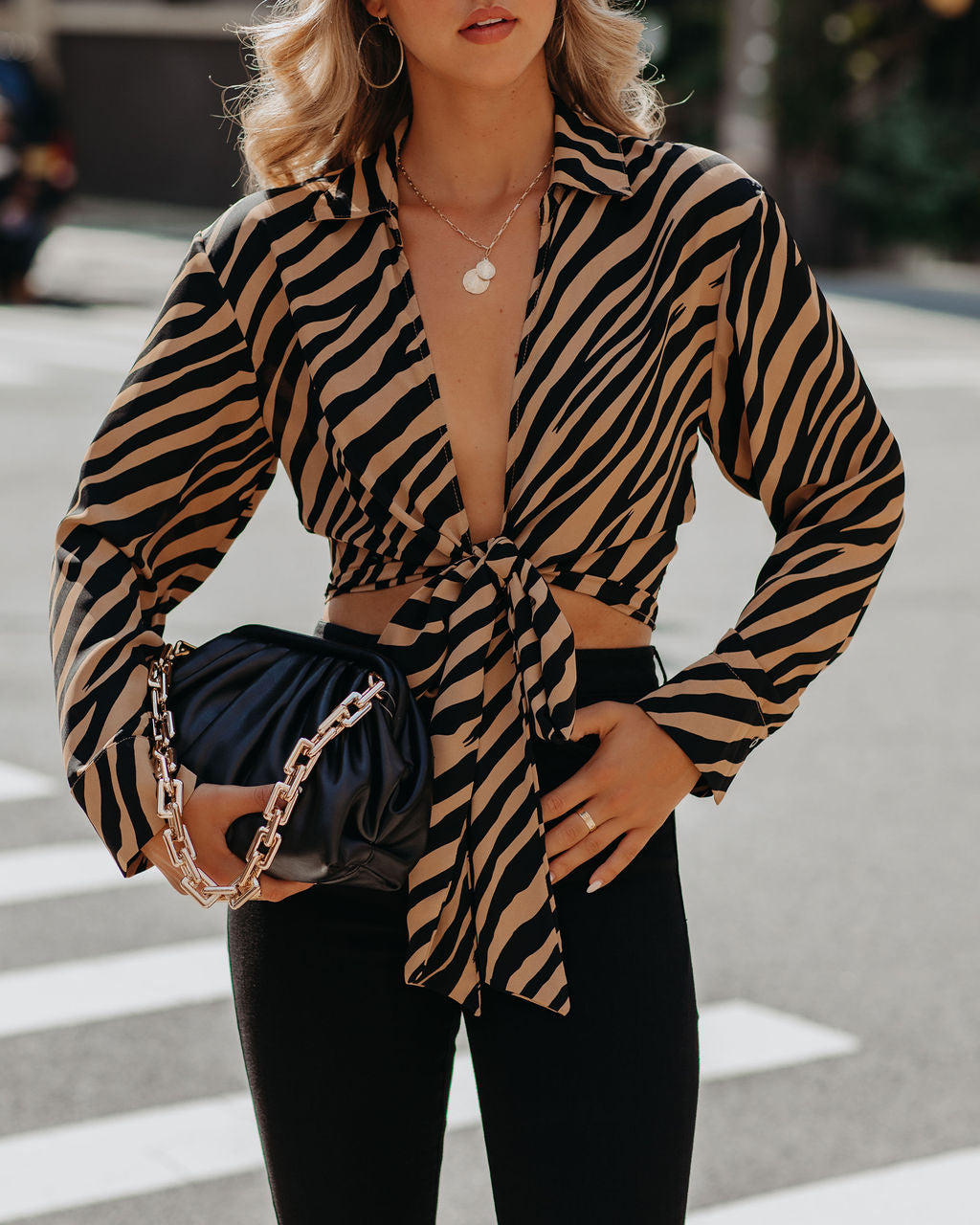 Catalina Tiger Print Tie Blouse Oshnow