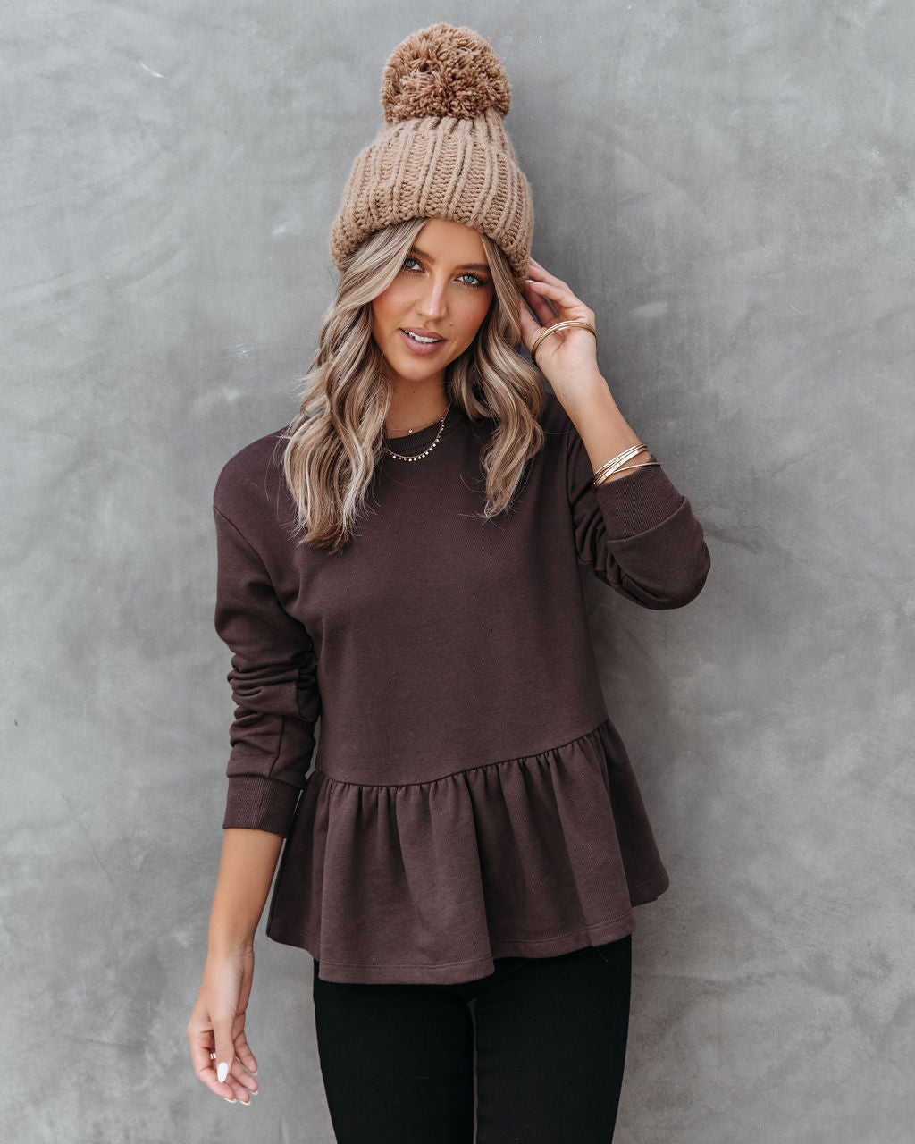 Catherina Peplum Sweatshirt - Chocolate