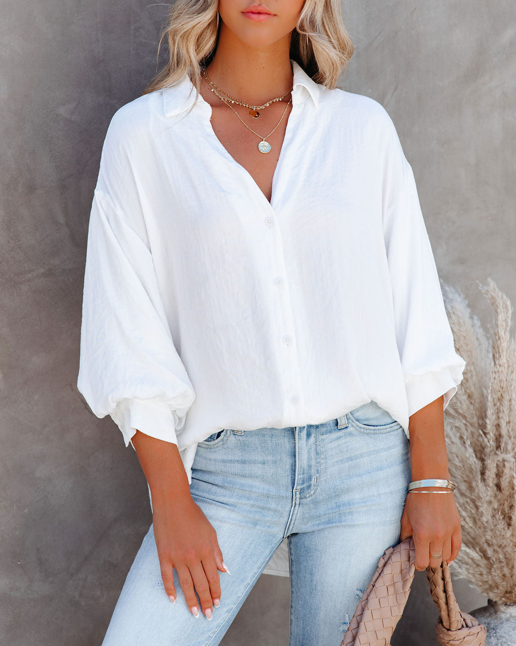 Cava Puff Sleeve Button Down Blouse Oshnow