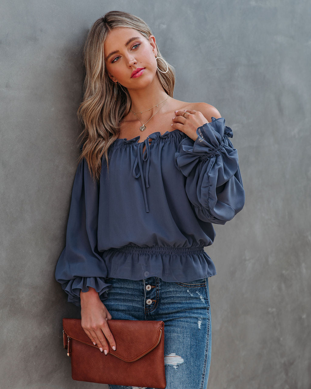 Caydence Chiffon Off The Shoulder Blouse - Dusty Blue Oshnow