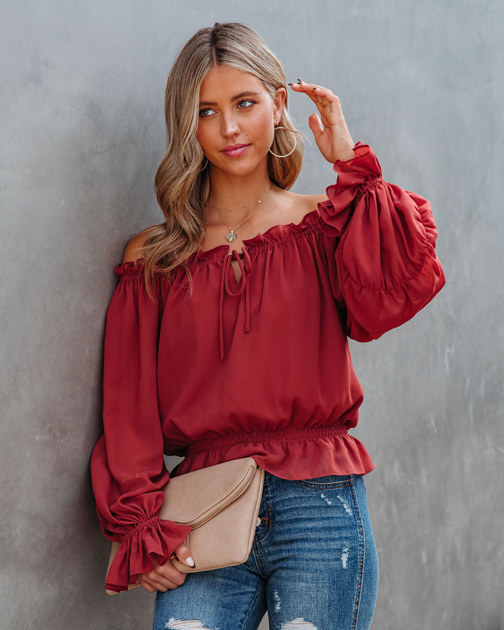 Caydence Chiffon Off The Shoulder Blouse - Wine Oshnow