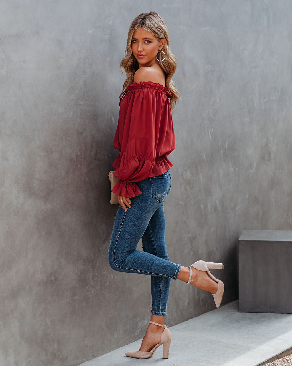 Caydence Chiffon Off The Shoulder Blouse - Wine Oshnow