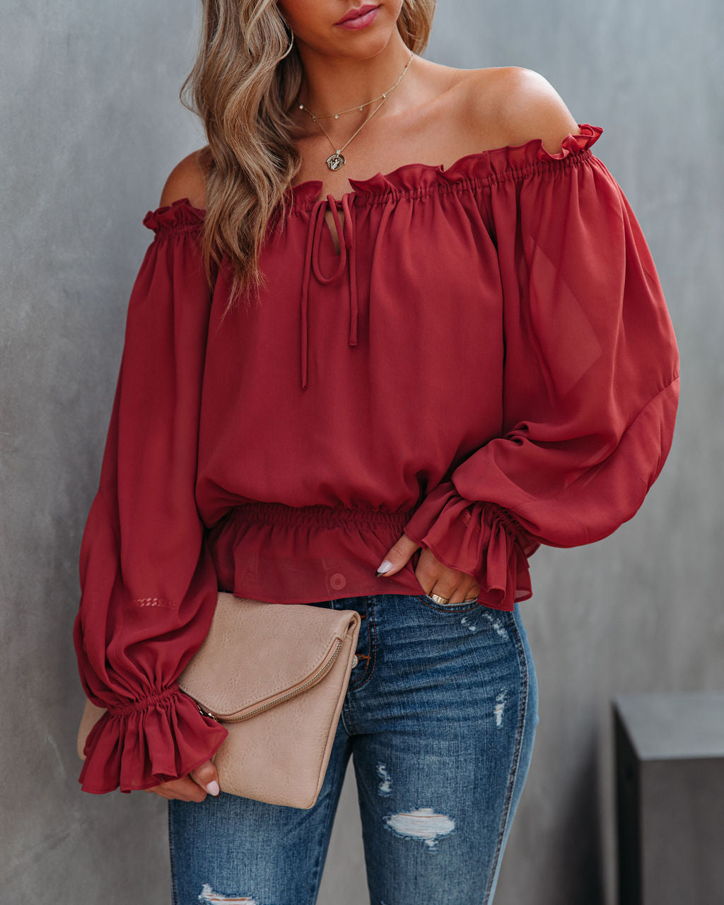 Caydence Chiffon Off The Shoulder Blouse - Wine Oshnow