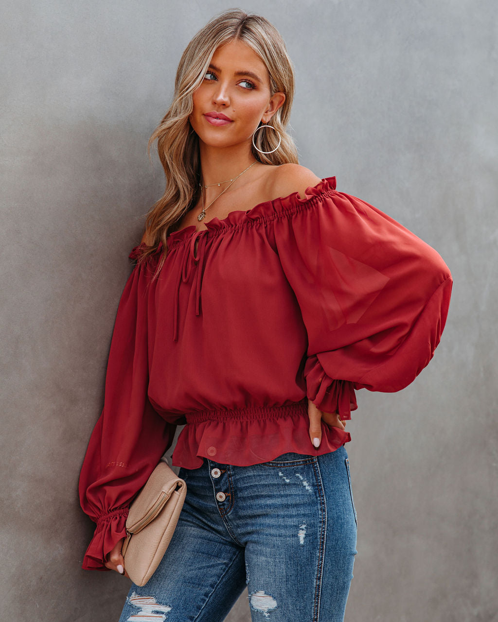 Caydence Chiffon Off The Shoulder Blouse - Wine Oshnow