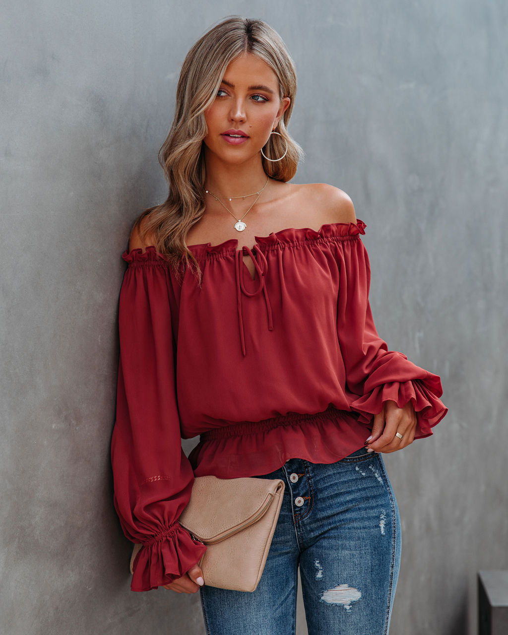 Caydence Chiffon Off The Shoulder Blouse - Wine Oshnow