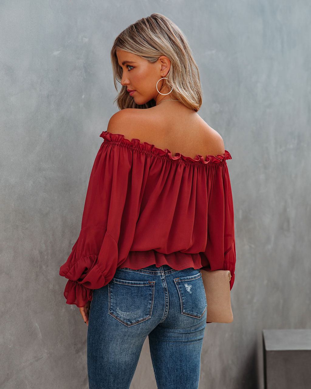 Caydence Chiffon Off The Shoulder Blouse - Wine Oshnow