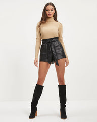Center Of Attention Ribbed Turtleneck Puff Sleeve Bodysuit - Beige