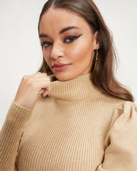 Center Of Attention Ribbed Turtleneck Puff Sleeve Bodysuit - Beige