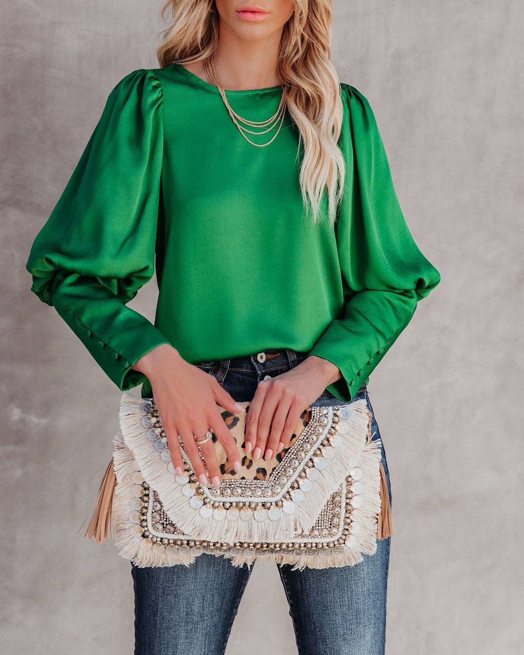 Centerpiece Satin Statement Blouse - Emerald Oshnow