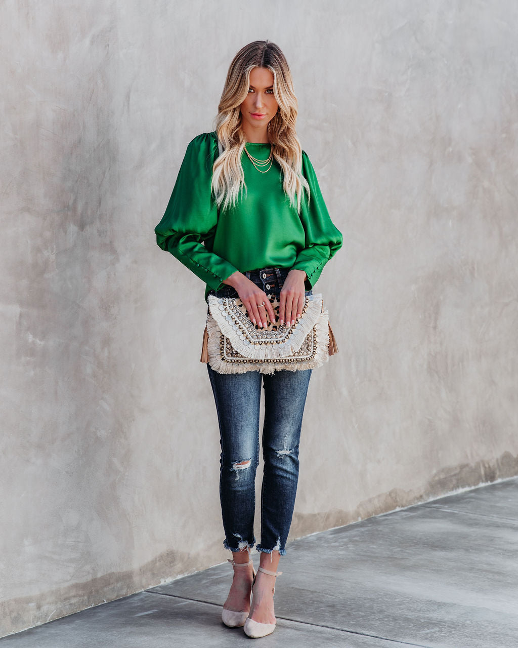 Centerpiece Satin Statement Blouse - Emerald Oshnow