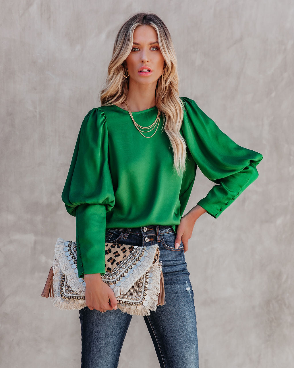 Centerpiece Satin Statement Blouse - Emerald Oshnow