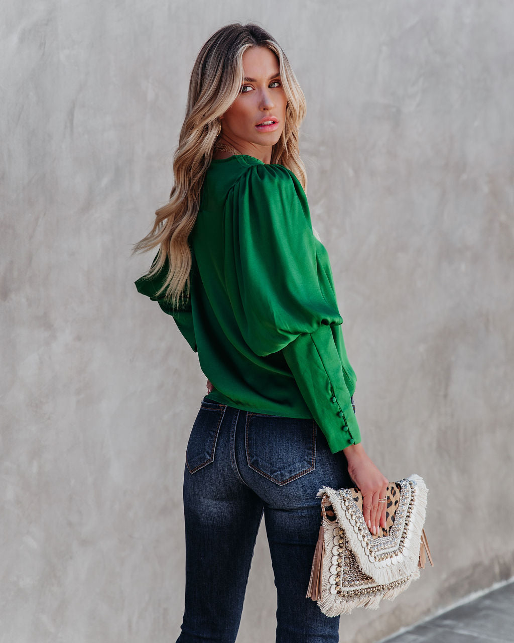 Centerpiece Satin Statement Blouse - Emerald Oshnow