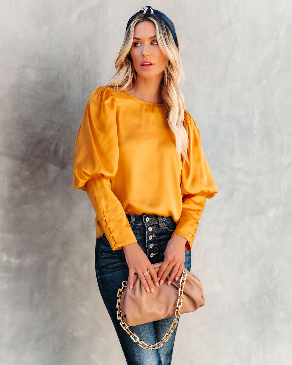 Centerpiece Satin Statement Blouse - Gold Oshnow