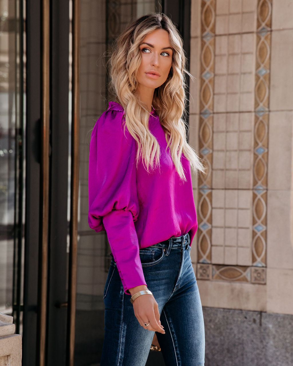 Centerpiece Satin Statement Blouse - Orchid Oshnow