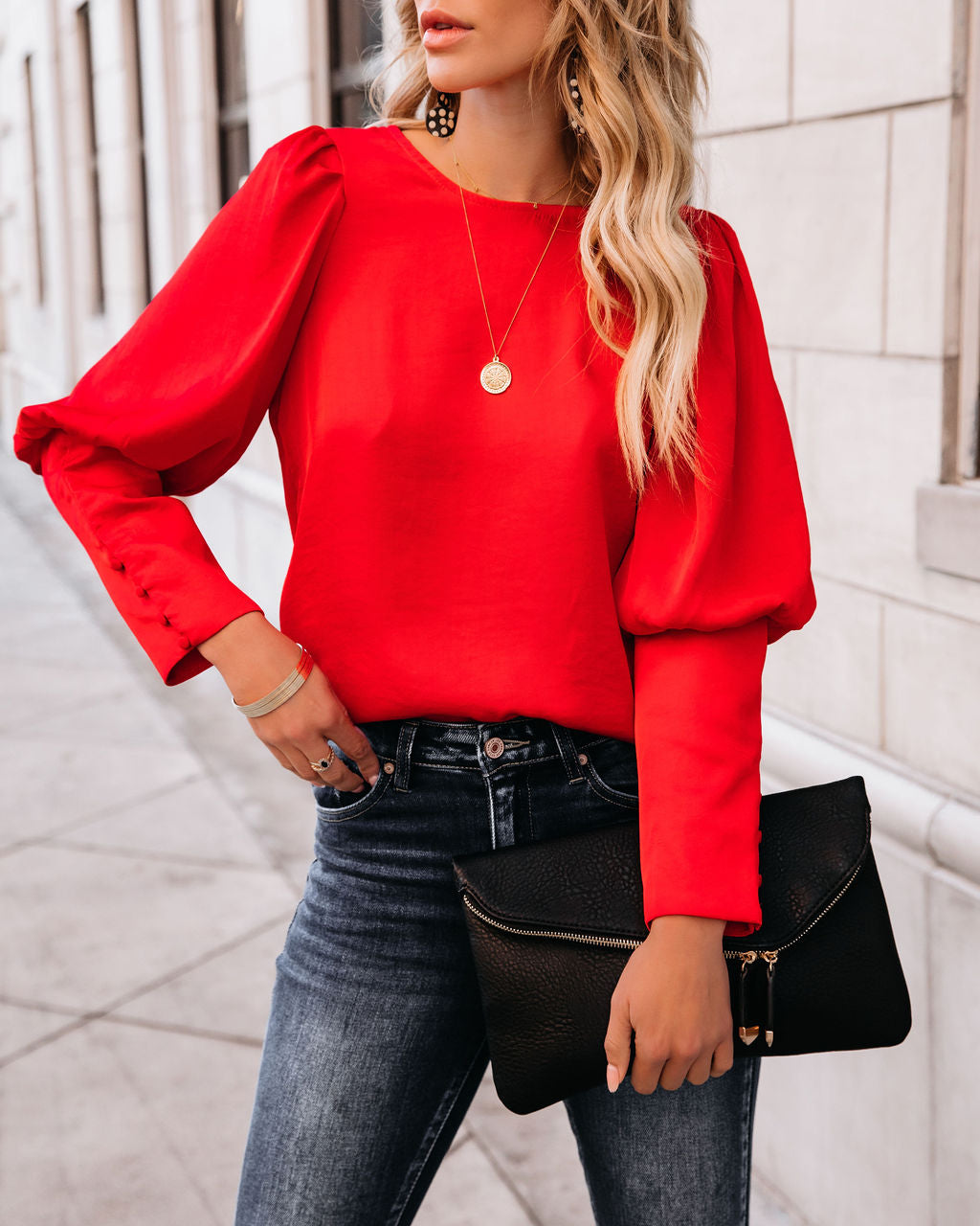 Centerpiece Satin Statement Blouse - Red Oshnow