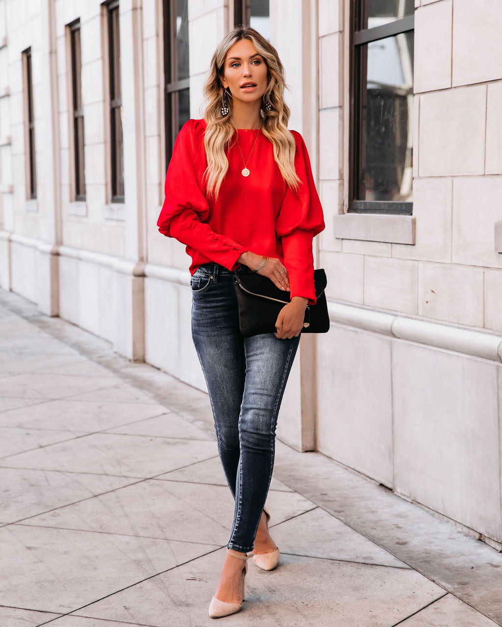 Centerpiece Satin Statement Blouse - Red Oshnow